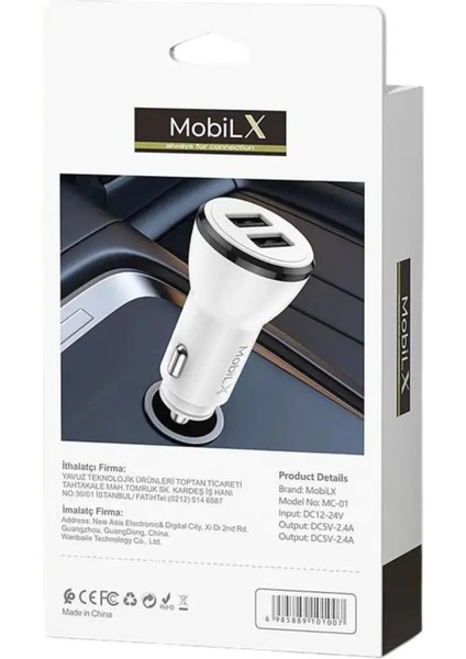 Mobilx Mc-01 2.1A Çift USB Portlu Araç Şarj Cihazı | iPhone ve Tüm Akıllı Telefonlar Için Çakmaklık Adaptörü – Beyaz modelleri
