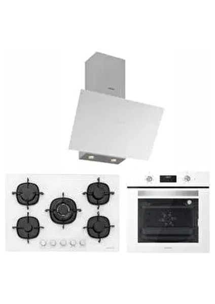 Beyaz Cam Ankastre Set (3481 Flam Beyaz - CS5365W01 5 Gözlü 75 cm Ocak - BO6502W02 )