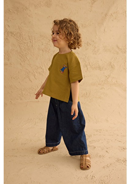 Nakışlı Oversize Keten Gömlek Yağ Yeşili