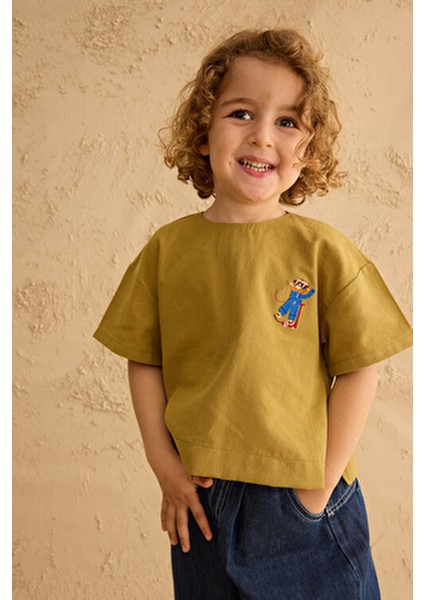 Nakışlı Oversize Keten Gömlek Yağ Yeşili fiyatları