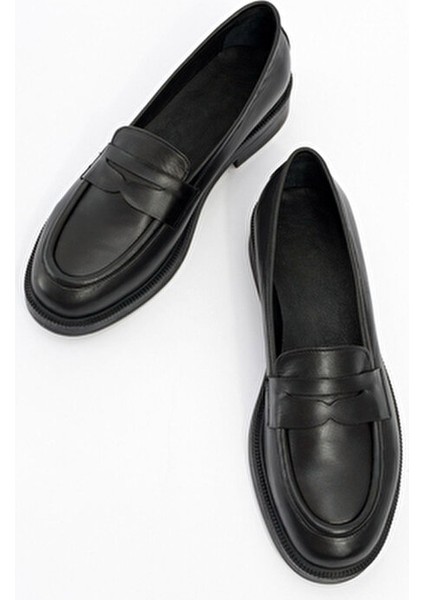 Siyah Hakiki Deri Kadın Loafer Ayakkabı Gerçek Deri Kadın Makosen Ofis ve Günlük Kolej Ayakkabısı