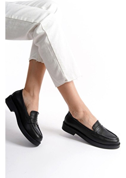 Siyah Hakiki Deri Kadın Loafer Ayakkabı Gerçek Deri Kadın Makosen Ofis ve Günlük Kolej Ayakkabısı