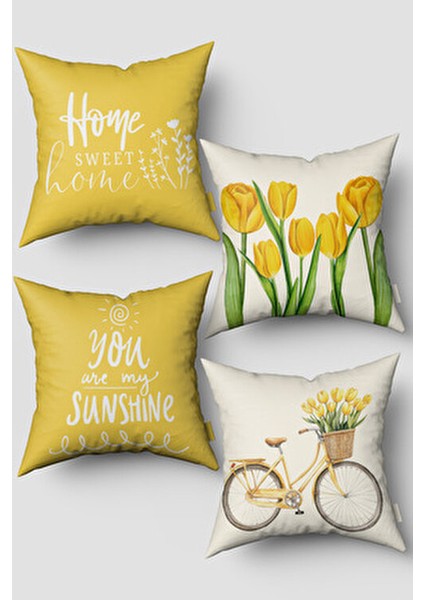 Sarı Lale Desenli ve Modern Yazılı 4'lü Kırlent Kılıfı Seti