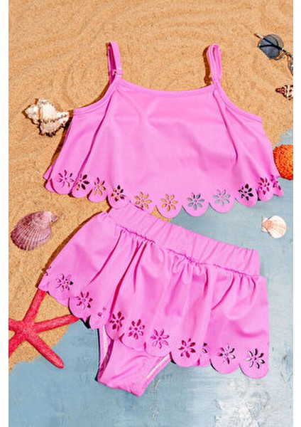 Kız Çocuk Bikini Takımı Pembe Renk Çiçek Desenli Dokuma Kumaş 2 Parça