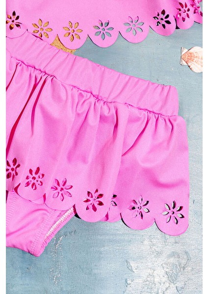 Kız Çocuk Bikini Takımı Pembe Renk Çiçek Desenli Dokuma Kumaş 2 Parça modelleri