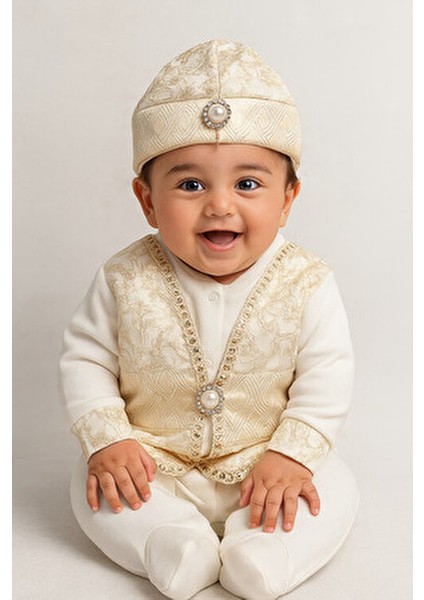 Erkek Bebek Mevlütlük ve Sünnetlik Tulum ve Şapka Seti – Altın Işlemeli Özel Olaylar İçin