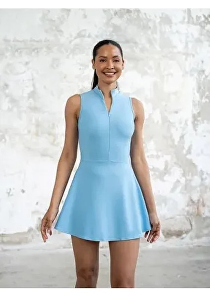 Kadın Bebek Mavisi Gizli Fermuarlı Şort Etekli Spor Tulum Tenis Tulum