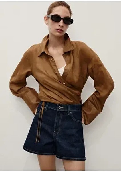 Yüksek Bel Düz Kesim Denim Şort