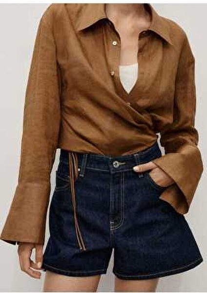 Yüksek Bel Düz Kesim Denim Şort