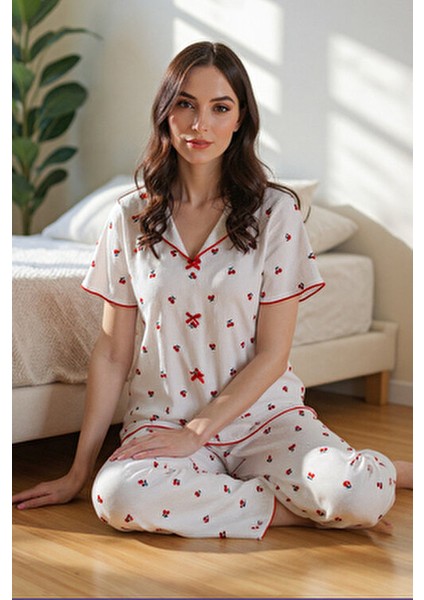 V Yaka Pijama Takımı Kırmızı Kiraz Desenli Konforlu Seçim fiyatları