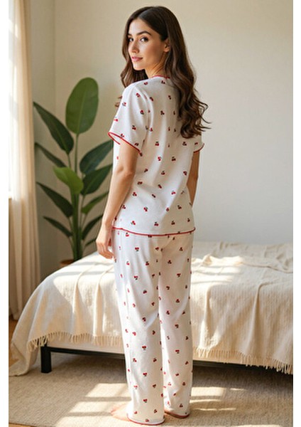 V Yaka Pijama Takımı Kırmızı Kiraz Desenli Konforlu Seçim indirimleri