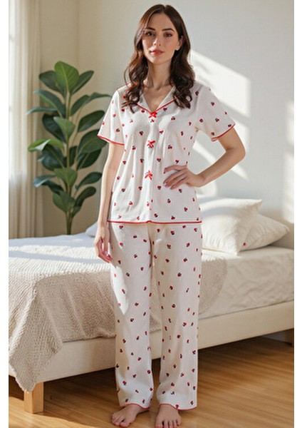 V Yaka Pijama Takımı Kırmızı Kiraz Desenli Konforlu Seçim