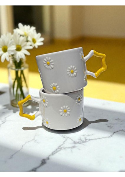4'lü Papatya Kabartma Desenli El Işi Doğal Seramik Mug Kupa Çay / Cappuccino Fincanı modelleri