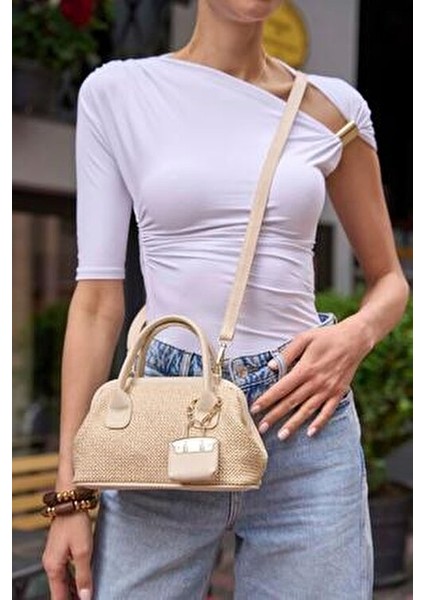 Krem Kadın Hasır Dokulu Mini El Çantası fiyatları