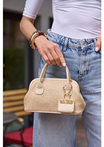 Krem Kadın Hasır Dokulu Mini El Çantası modelleri