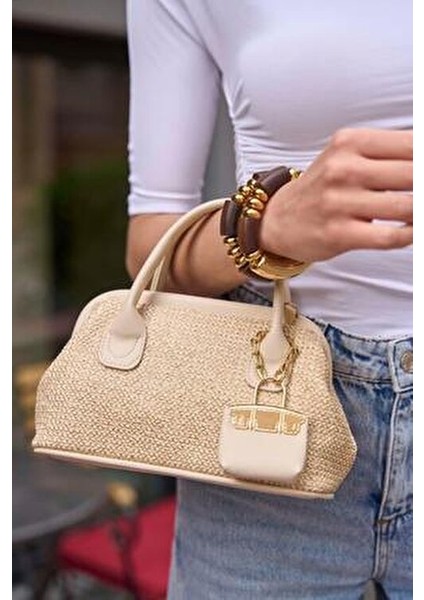 Krem Kadın Hasır Dokulu Mini El Çantası fırsatları