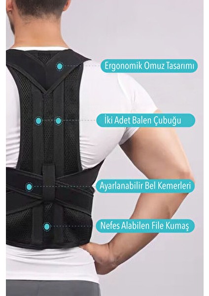 Dik Duruş Korsesi Çift Balenli Sırt Korsesi Kamburluk Önleyici Medikal Bel Korsesi Unisex Siyah