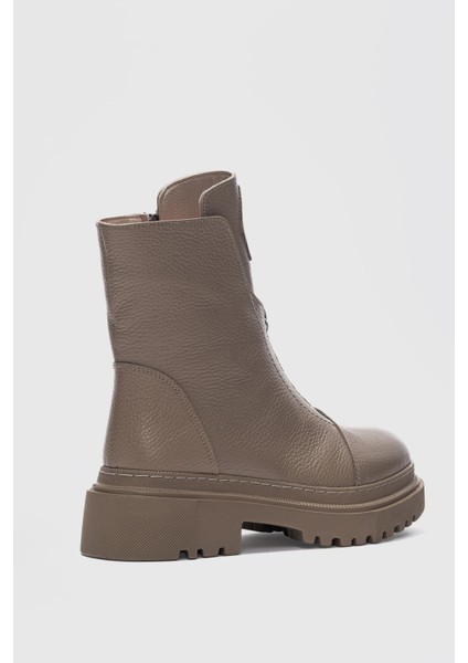 Mena Hakiki Deri Küt Burunlu Ön Kısımda Fermuar Aksesuarlı Kadın Bot- Vizon fiyatları