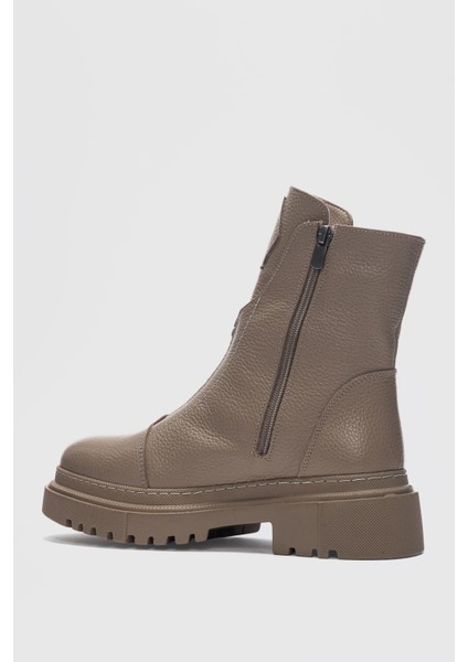 Mena Hakiki Deri Küt Burunlu Ön Kısımda Fermuar Aksesuarlı Kadın Bot- Vizon modelleri