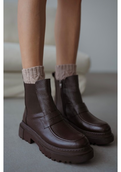 Viyola Hakiki Deri Lastikli Kemer Detaylı Kadın Bot- Acı Kahve