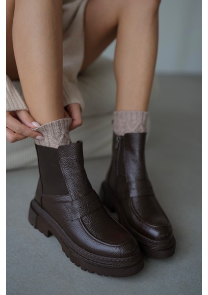 Viyola Hakiki Deri Lastikli Kemer Detaylı Kadın Bot- Acı Kahve modelleri