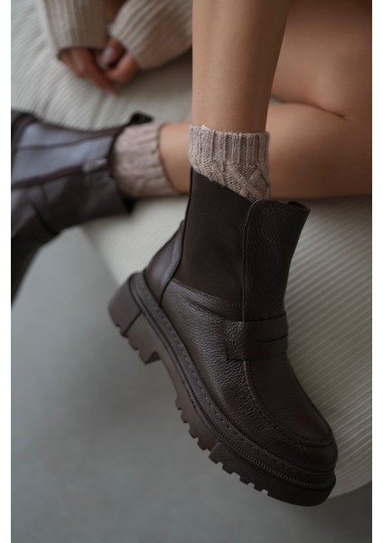 Viyola Hakiki Deri Lastikli Kemer Detaylı Kadın Bot- Acı Kahve fırsatları