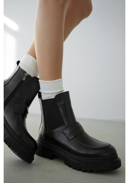 Viyola Hakiki Deri Lastikli Kemer Detaylı Kadın Bot- Siyah Deri fırsatları