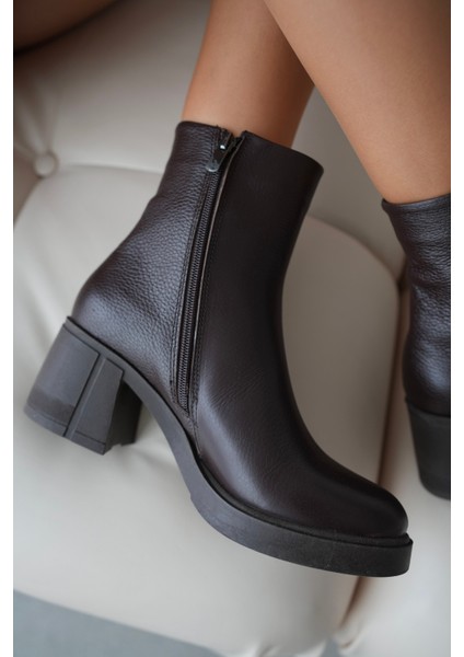 Owena Hakiki Deri Yuvarlak Burunlu Fermuarlı Kalın Topuklu Kadın Bot- Kahverengi fırsatları