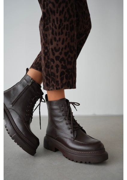 Anemon Hakiki Deri Yuvarlak Burunlu Kısa Bot- Kahverengi indirimleri