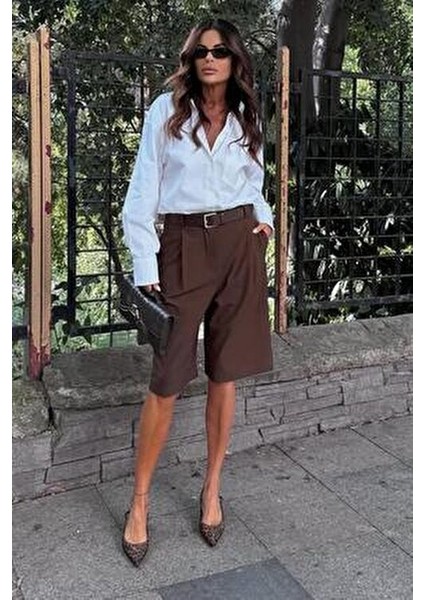 Kahverengi Pileli Kadın Bermuda Şort MG2483