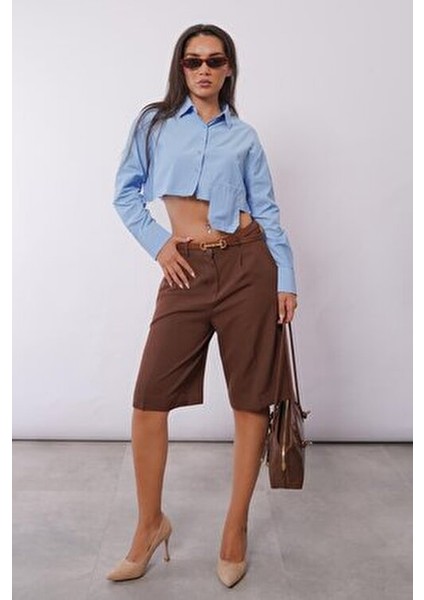 Kahverengi Pileli Kadın Bermuda Şort MG2483 modelleri
