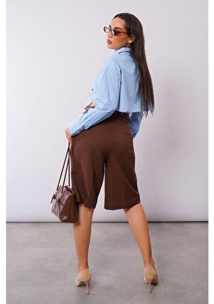 Kahverengi Pileli Kadın Bermuda Şort MG2483 fırsatları