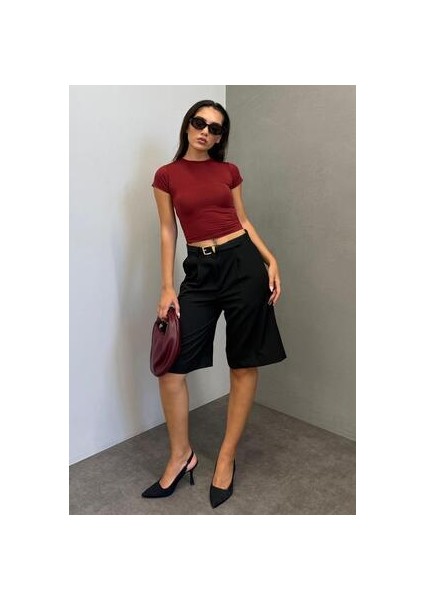 Kadın Bermuda Şort Siyah Düz Desen Çift Cepli Yazlık Rahat Kesim fiyatları