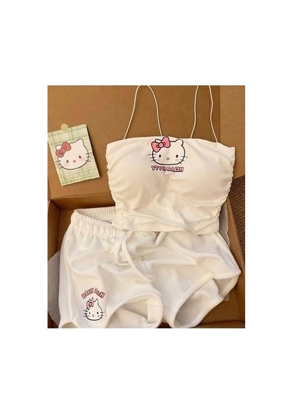 Beyaz Hello Kitty Crop Şort Alt Üst Takım