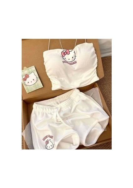 Beyaz Hello Kitty Crop Şort Alt Üst Takım fiyatları