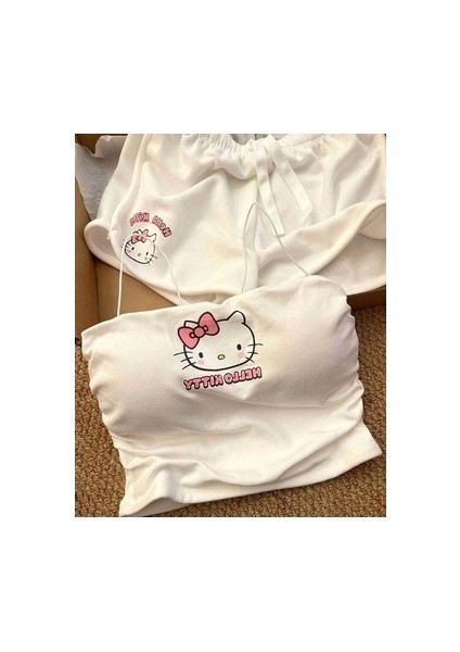 Beyaz Hello Kitty Crop Şort Alt Üst Takım modelleri