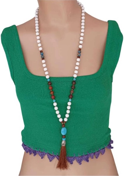 Retro Turkuaz, Akik ve Jade Doğal Taşlı Uzun Kolye – Ipek Püsküllü El Yapımı Tasarım