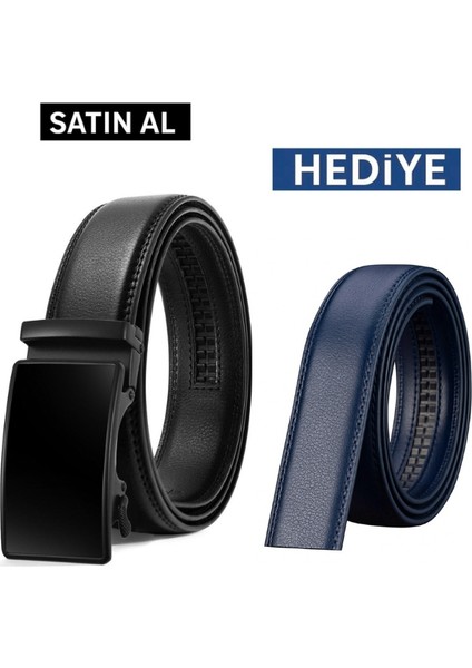 Otomatik Tokalı Deliksiz Siyah Kemer + Yedek Lacivert Kemer Hediye