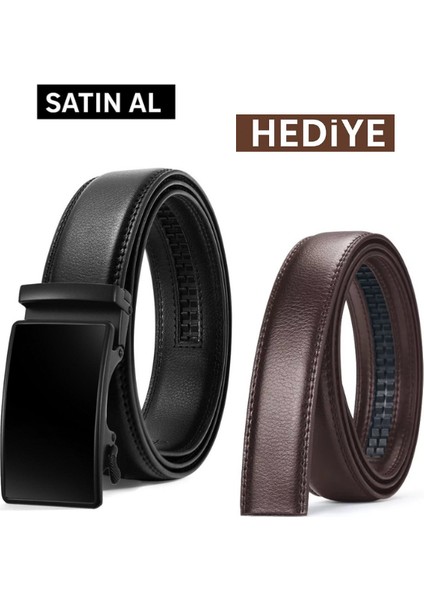 Otomatik Tokalı Deliksiz Siyah Kemer + Yedek Kahverengi Kemer Hediye