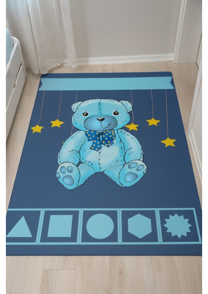Efta Halı Mavi Ayıcık Desenli Çocuk Halısı - Ince Yapı, Yıkanabilir, Dijital Baskı