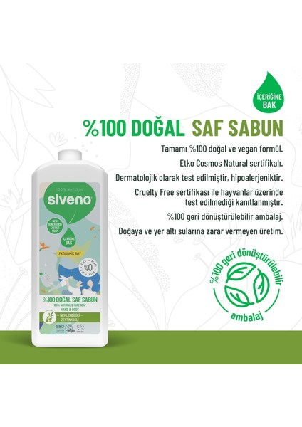 %100 Doğal Sıvı Kastil Sabun Zeytinyağlı Yoğun Nemlendirici Bitkisel Vegan 1000 ml