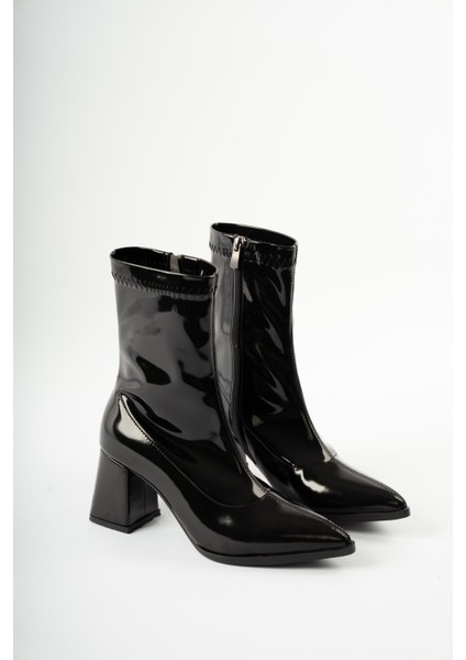 Areson Kısa Topuklu Sivri Burun Streç Kadın Bot- Siyah Rugan fiyatları