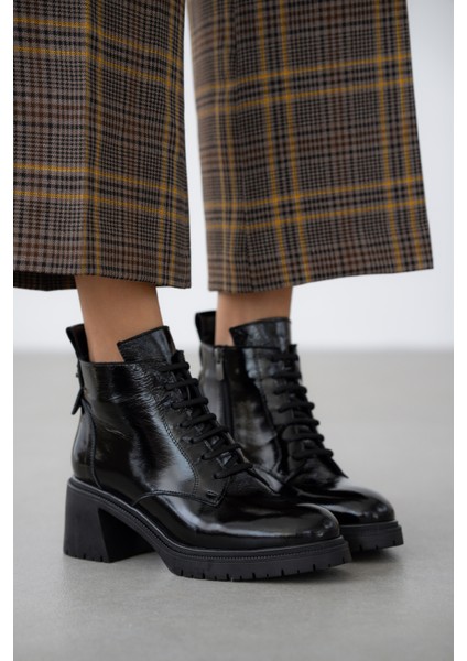 Dorin Hakiki Deri Bağcık Detaylı Kadın Bot- Siyah Rugan fiyatları