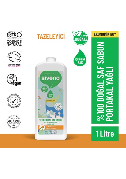 %100 Doğal Sıvı Kastil Sabun Portakal Yağlı Tazeleyici Nemlendirici Bitkisel Vegan 1000 ml