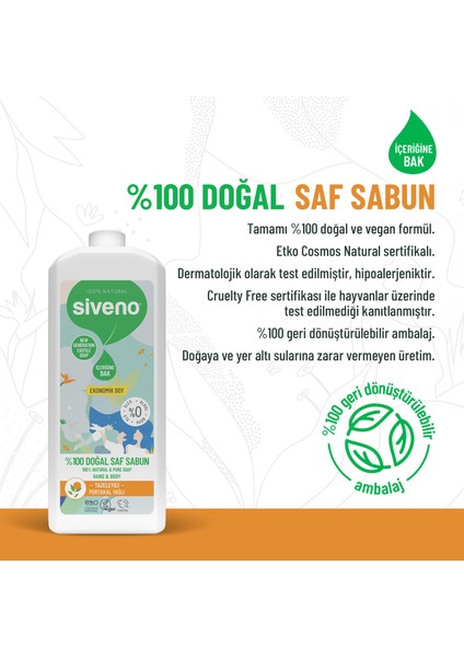 %100 Doğal Sıvı Kastil Sabun Portakal Yağlı Tazeleyici Nemlendirici Bitkisel Vegan 1000 ml