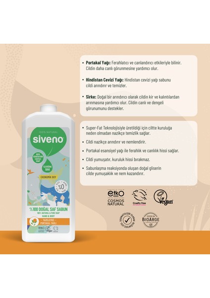 %100 Doğal Sıvı Kastil Sabun Portakal Yağlı Tazeleyici Nemlendirici Bitkisel Vegan 1000 ml