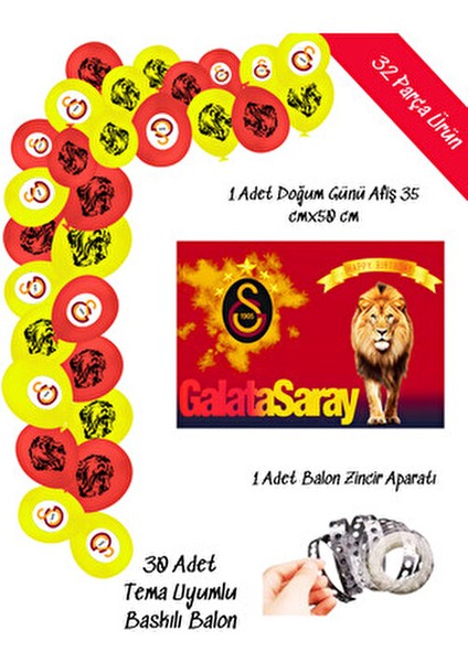 Galatasaray Doğum Günü Parti Süsleri 32 Parça Kırmızı Sarı Renkli Balon Seti