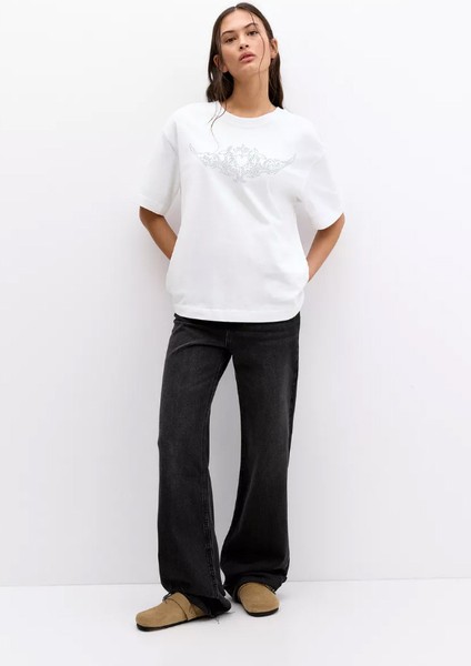 -Kadın Tac Taş Baskılı Kısa Kollu Tshırt Pamuklu Oversize fiyatları