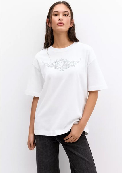 -Kadın Tac Taş Baskılı Kısa Kollu Tshırt Pamuklu Oversize modelleri