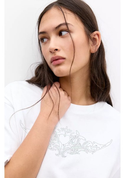 -Kadın Tac Taş Baskılı Kısa Kollu Tshırt Pamuklu Oversize modelleri